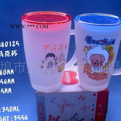 卡通蒙砂杯 廣告杯馬克杯玻璃杯 蒙砂玻璃貼花杯 杯子