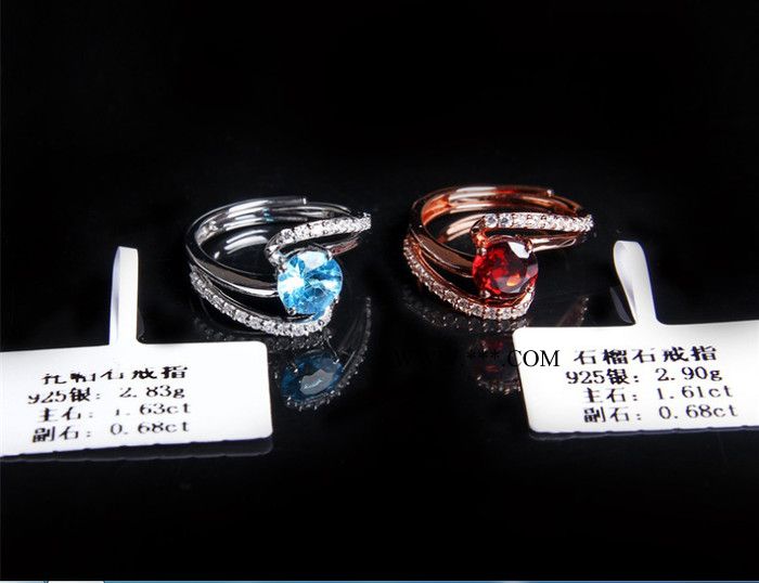 外貿(mào)寶石戒指925銀鍍18K金鑲天然石榴石托帕石戒指彩寶指環(huán)手飾品