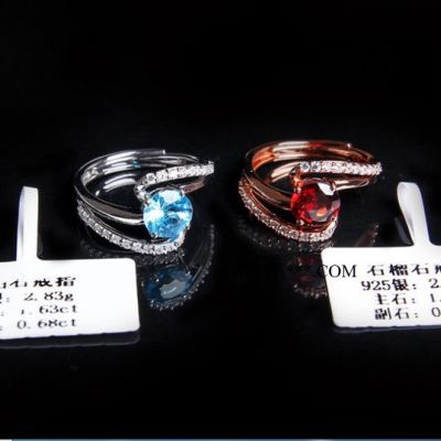 外貿(mào)寶石戒指925銀鍍18K金鑲天然石榴石托帕石戒指彩寶指環(huán)手飾品