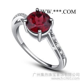 集熱天然紅色石榴石食指伴鉆925純銀女士款戒指結(jié)婚新娘首飾新品