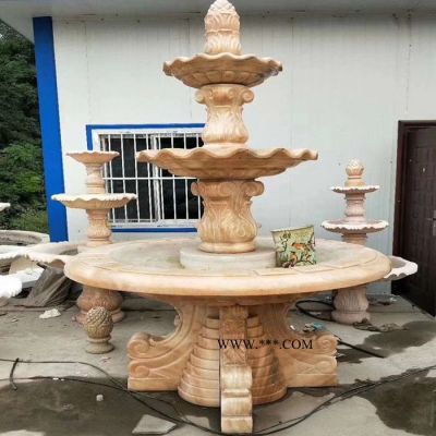 石雕噴泉歐式黃銹石噴水池大理石別墅廣場小區(qū)噴泉擺件定制